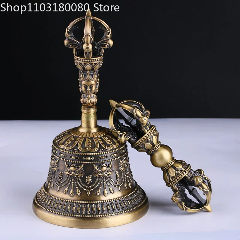 Brass 5-Prong Vajra Bell & Dorje Set Tibetan Buddhist Ritual Buddhist Implements,17cm,14.5cm,11cm