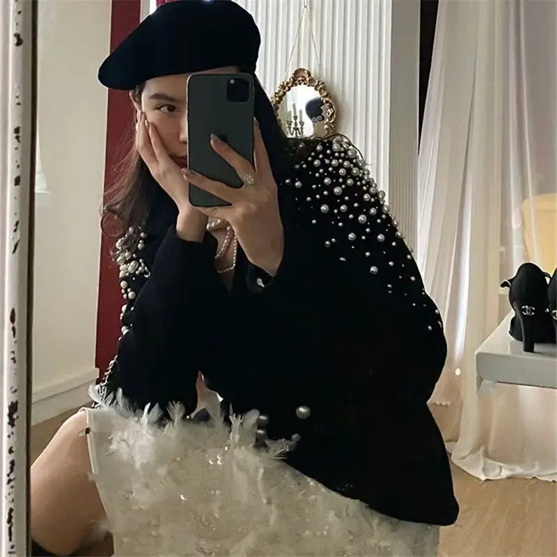 Elegante Frauen Handgemachte Perlen Perlen Woolen Blazer Mantel Drehen Unten Kragen Abnehmen Zweireiher Anzüge Jacke Strickjacke Tops