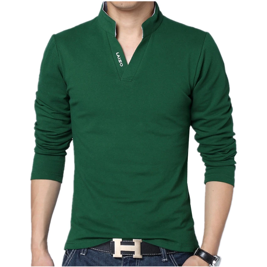 Men's Green Long-sleeve Polo Shirt, Leisure Stand Collar Long Sleeve V Neck POLO Shirts. Black, Gray, Blue, and Red Pullovers.