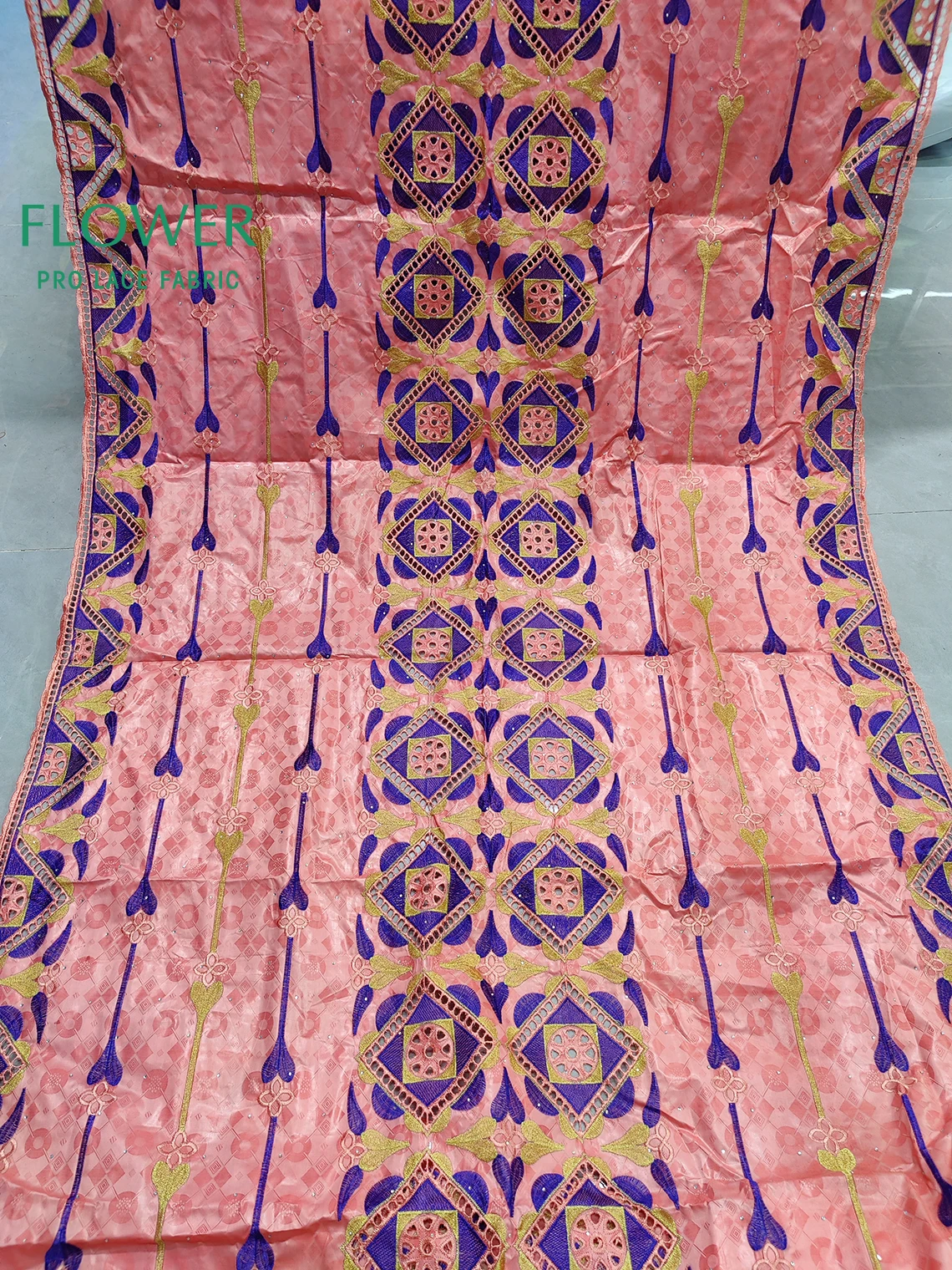 Peach Color African Original Baizn Rich Brocade Fabric With Stones New Nigerian Mali Embroidery Guipure Basin Rich Material