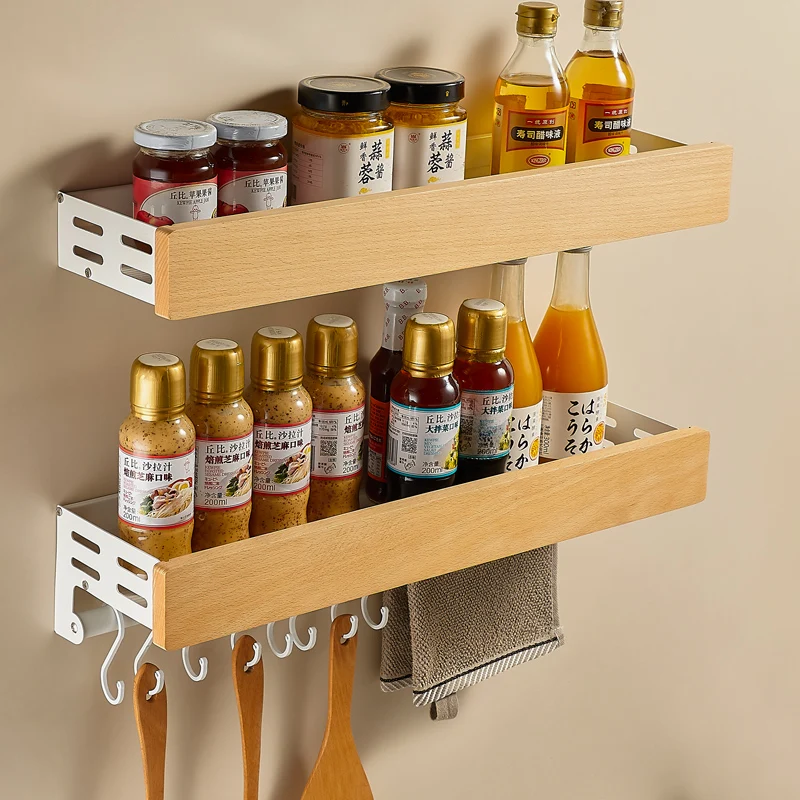Beechwood Wall-Mounted Spice Rack - Rustic Drill-Free Kitchen Shelf, Sturdy & Rustproof Organizer for Countertop & Cabinet