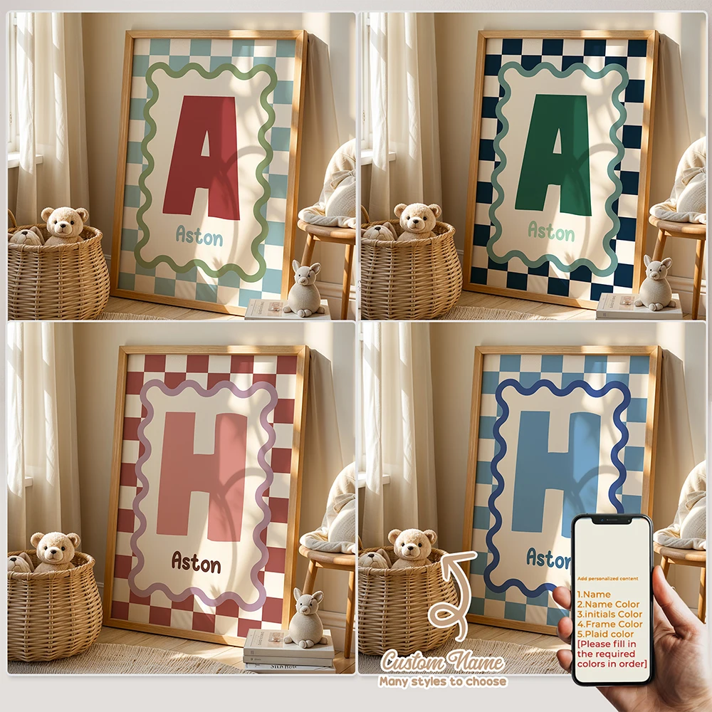 Personalized Custom Name Cartoon Child Grid Letters Wall Art Print Picture Canvas Poster Painting For Living Room Home Decor