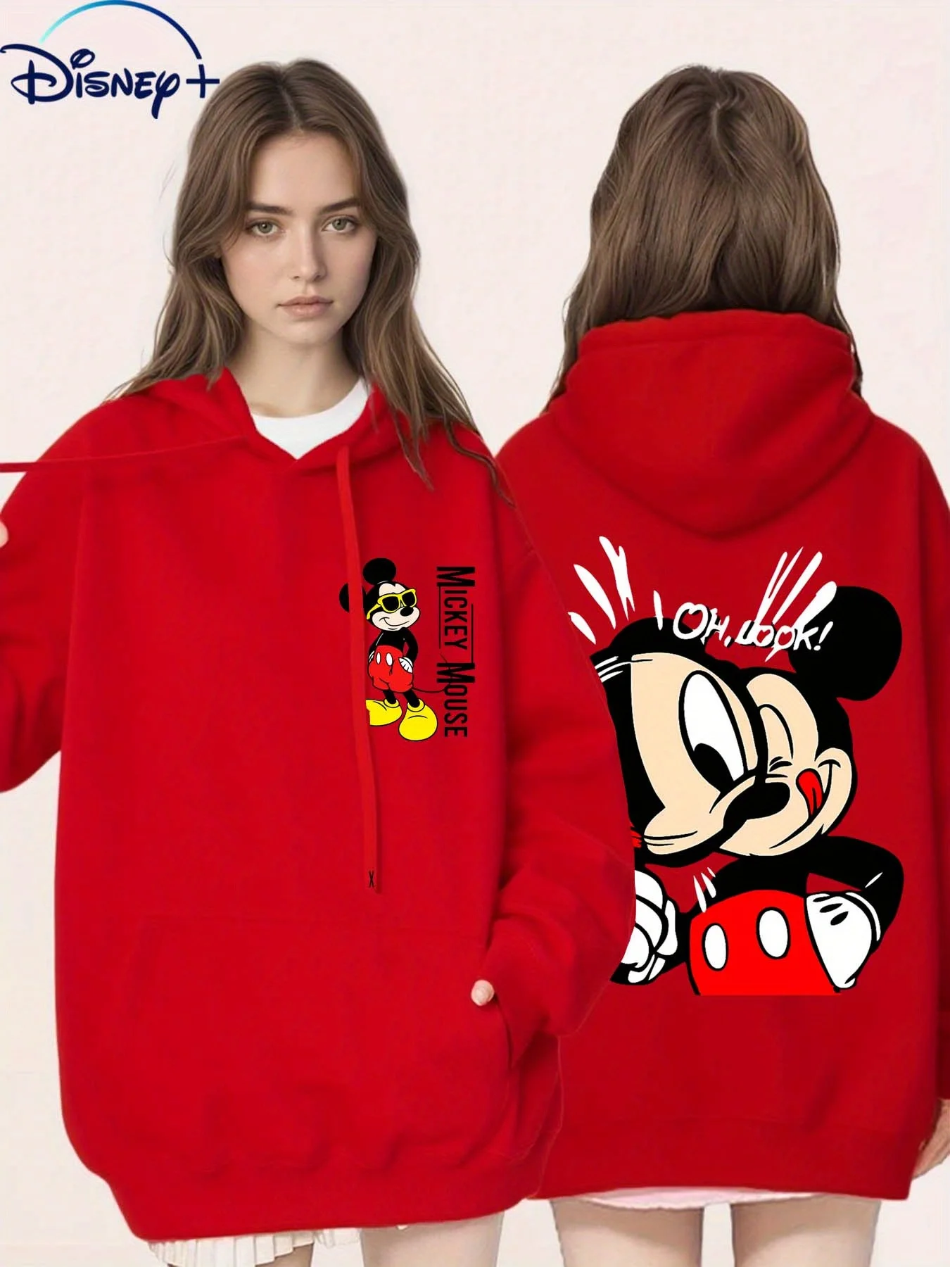 ディズニー ミッキーマウスのかわいいデザインの女性用パーカー、カンガルーポケットとドローストリング付き、一年中使えるフリース素材