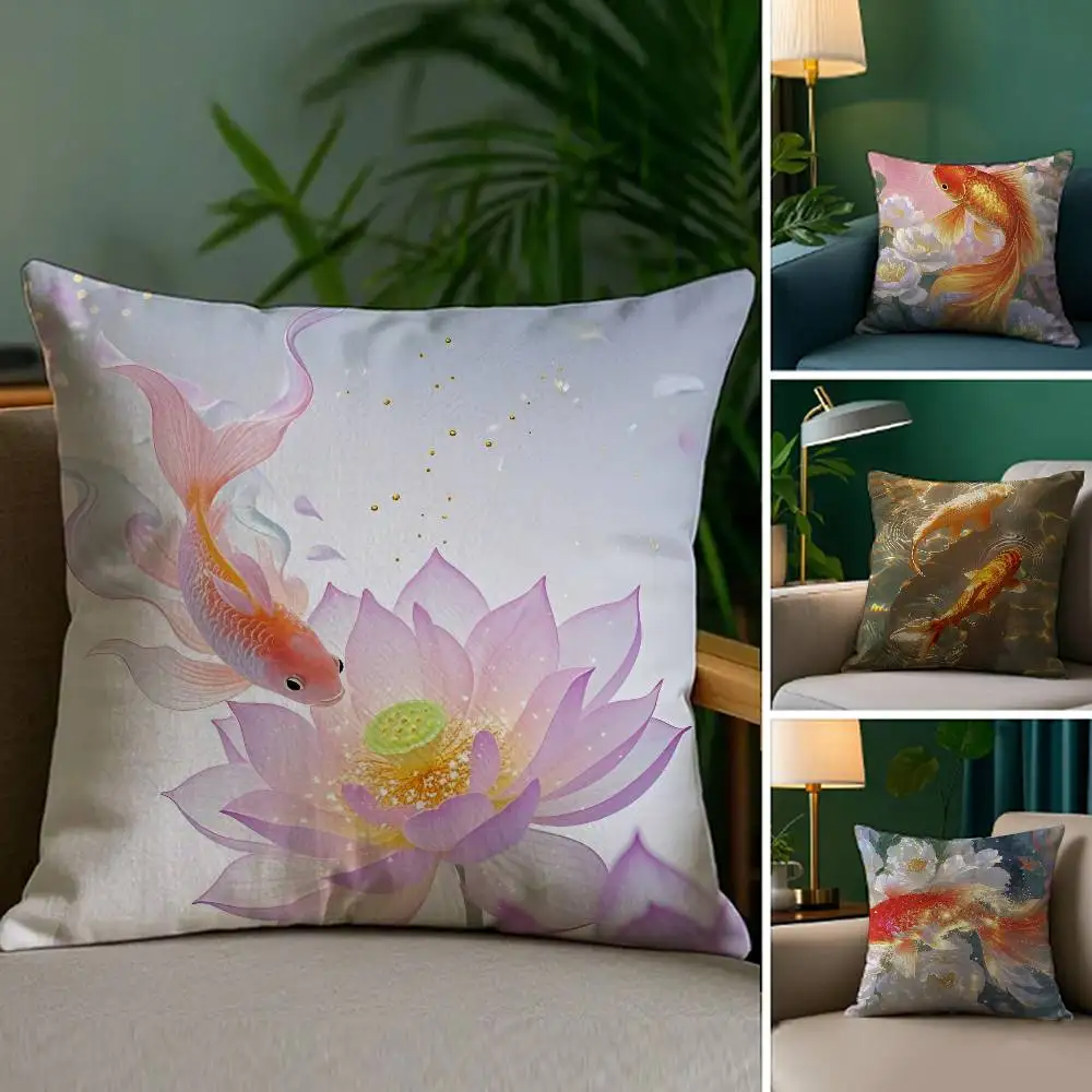 Auspicious Koi Carp And Lotus Flowers Anime Pillow Case Anti-dustmite Invisible Zipper Sofa Bed