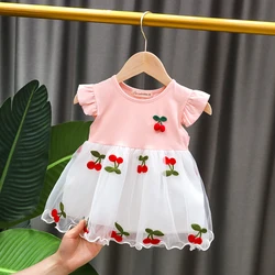 Baby Girl Summer Short-sleeved Dress small cherry embroidery mesh stitching dress girl princess