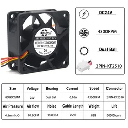 2 Pcs 6025 Dc 24V 0.10A 4300 Rpm 2Pin 6 Cm 60 Mm X 60 Mm X 25 Mm dual Bal Dc Borstelloze Uitlaat Server Omvormer Axiale Koelventilator