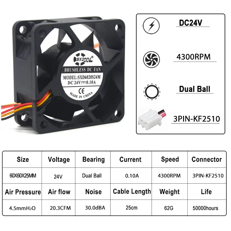 2pcs 6025 DC 24V 0.10A 4300RPM 2Pin 6cm 60mm x 60mm x 25mm Dual Ball DC Brushless Exhaust server inverter axial Cooling Fan