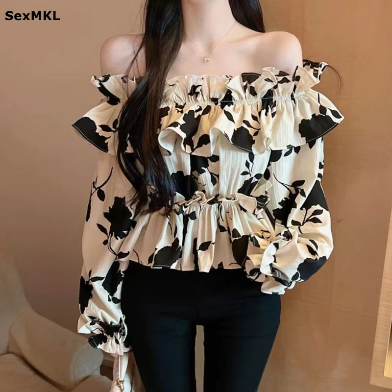 

Элегантные блузки с открытыми плечами и цветочным принтом, женская уличная одежда, шифоновые рубашки с длинными рукавами Y2k, одежда Casaul, сексуальные женские укороченные топы с оборками