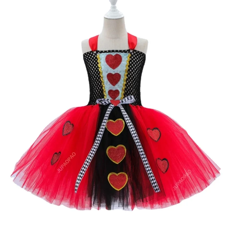 Disfraz de reina de corazones para niñas, vestido de Halloween para niños, vestido de tutú de lujo con corona, clásico País de las Maravillas, ropa de Reina Roja