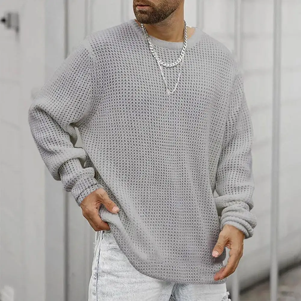 

Men Casual Sweater Loose Pullover Sweater Round Neck Knitted Waffled Texture Mid Length Soft Warm Male Sweater Ropa Hombre