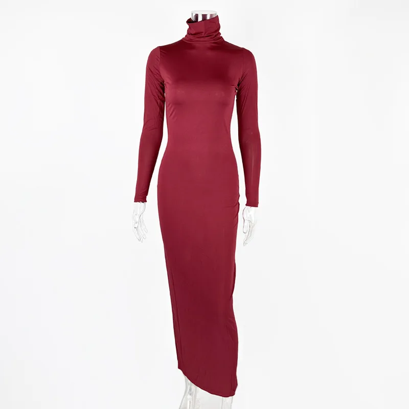 Herbst Winter Sexy Hochgeschlossenes Schlankes Bodycon Maxikleid Damen Langarm Einfarbiges Enges Abendkleid Club Party Vestidos – Detail 2