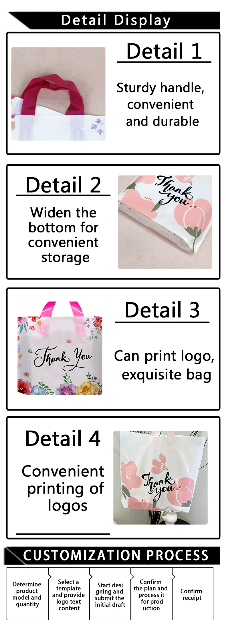 50 Stück Plastiktüten mit Dankeschön-Logo für Kleidung, Geschenkverpackung, Einkaufstüten, Verpackungstüten für Feiertage und Partys – Detail 4