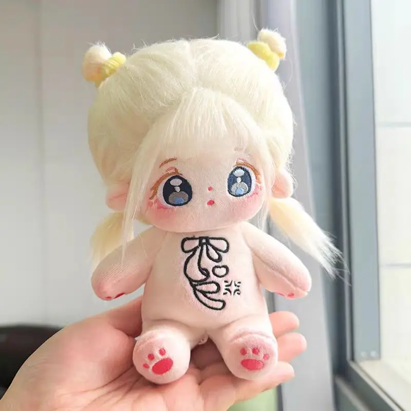 20cm White Fried Hair Plush Doll Cute Sweet Big Eyes Embroidered Plushie Stuffed Toys Kids Girls Gift Dolls Outfit