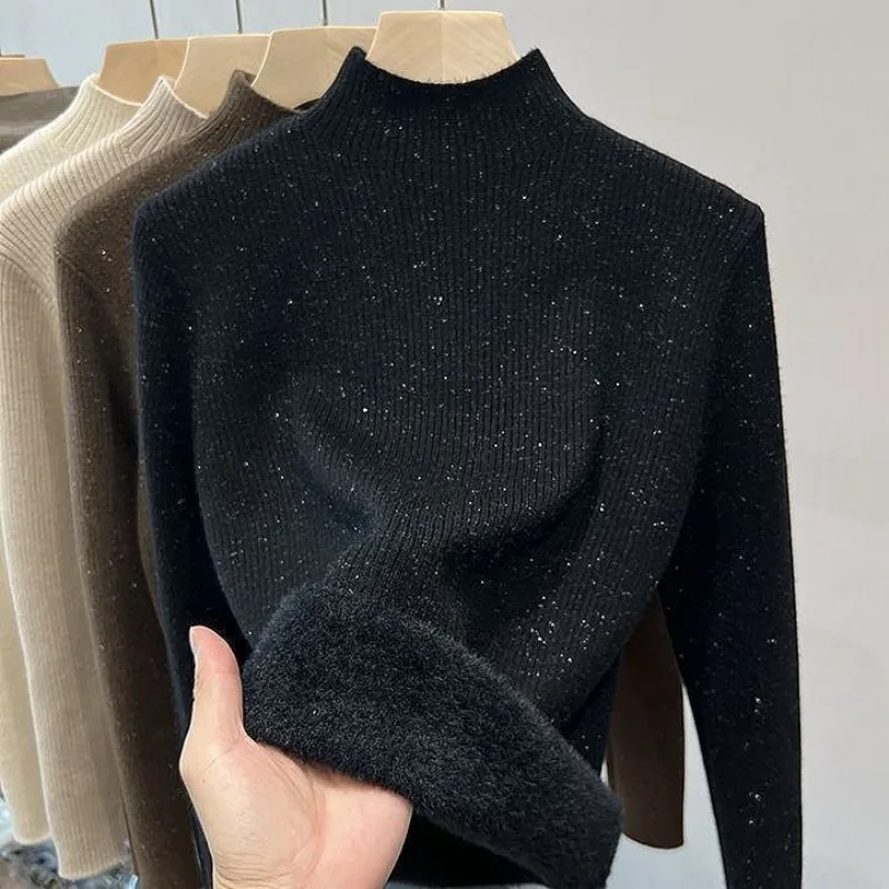 Women Autumn Winter Glitter Half Turtleneck Knit Sweater Fleece Lined Thickened Slim Long Sleeve Casual Basic Bottoming Top