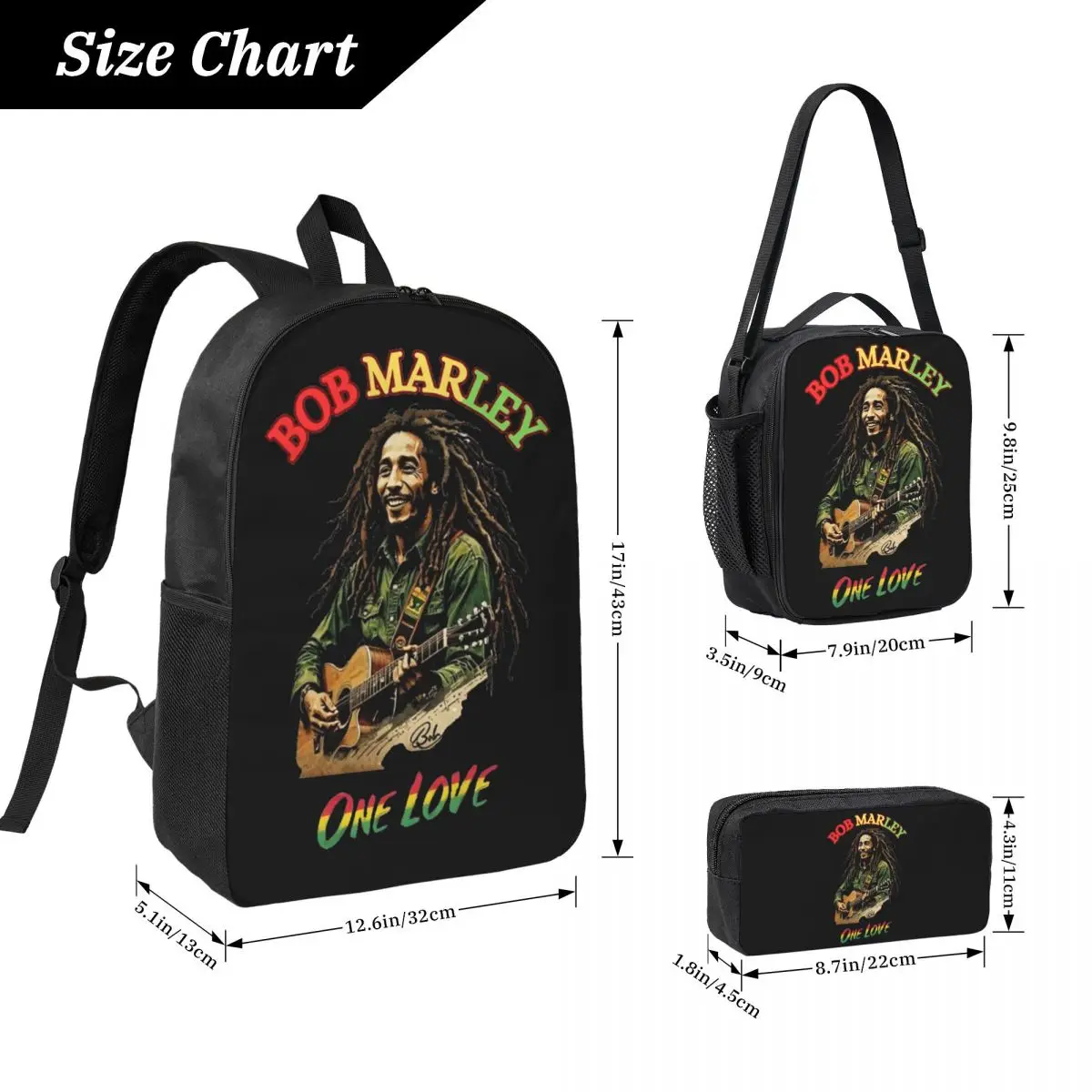 Bob Marley Reggae Backpack Boys Girls BookBag School Bag Laptop Shoulder Bags 3ps Insulated Lunch Bag Pencil Case