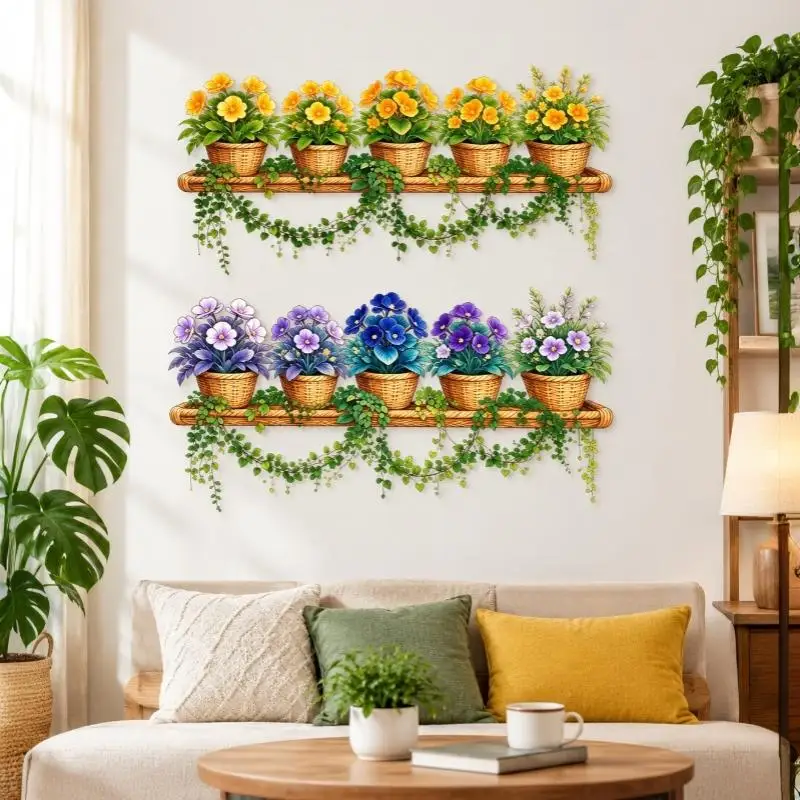 Potted Flower Vine Wall Sticker Natural Wicker Shelf Design Removable Self Adhesive for Boho Style Home Decor