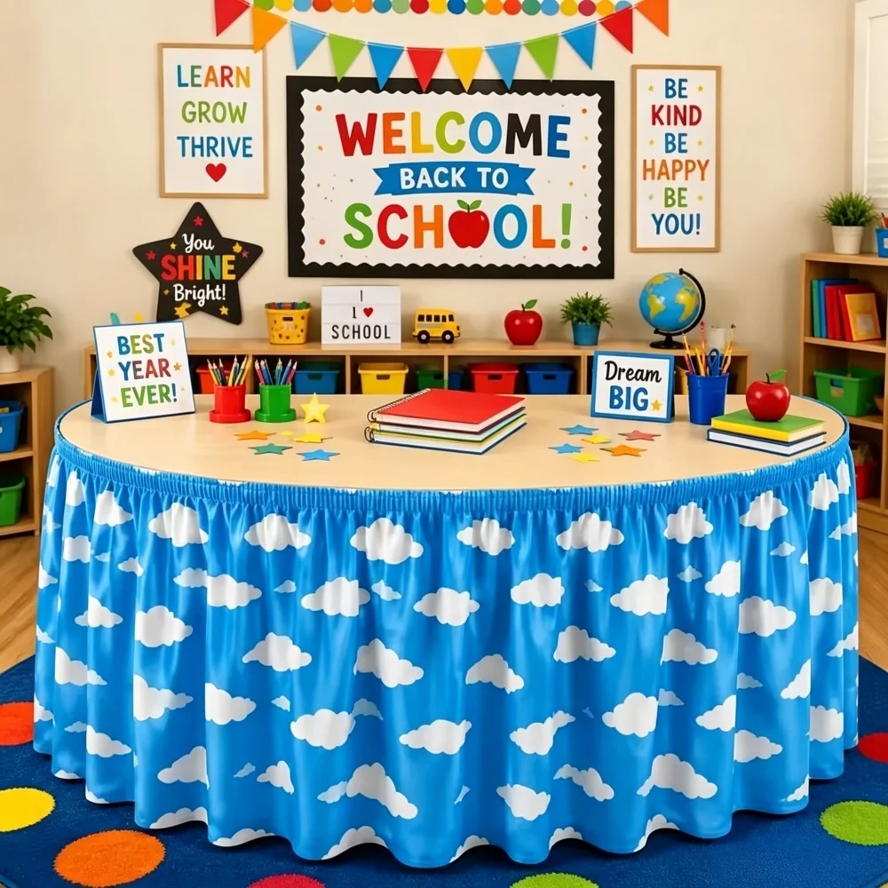 1PC Pennant and Table Skirt That Resists Wrinkles,  Blue Sky Cloud Pattern Table Skirt Cloud Theme Party Decoration