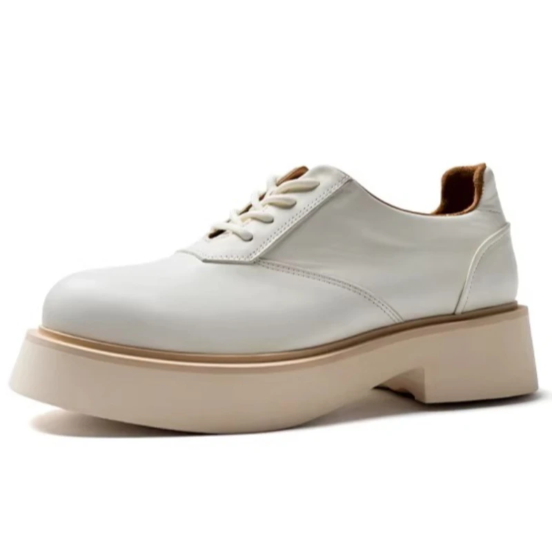 

British White Men's Dress Shoes Inside/Outside Cowhide Derby Shoes Genuine Leather Casual Thick Soled Height Increasing Shoes