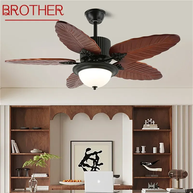 BROTHER European Luxury LED Fan Light American Retro  Living Room Restaurant Bedroom Ceiling Fan Light Remote Electric Fan Light