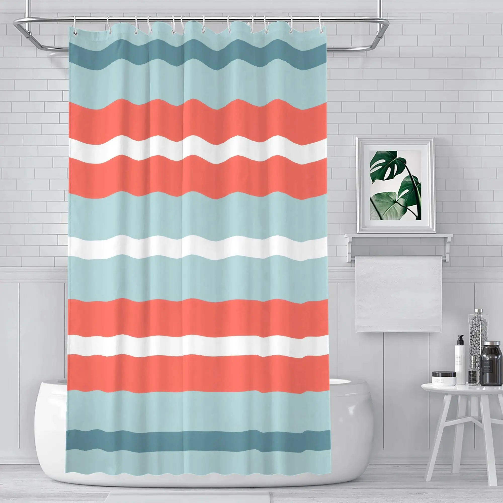 Modern Waterproof Horizontal Stripe Shower Curtain Blue Coral Zigzag Bath Liner for Bathroom Decor 90x180cm