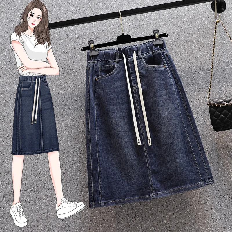

Summer New plus Size Elastic Waisand Slimming Loose A-Line Denim Midi Skirt for plus Size Women Casual High Waist Cotton Blend
