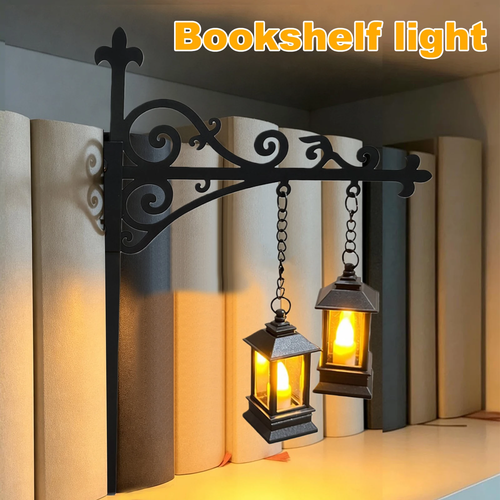 Library Lantern Decorative Bookshelf Light Vintage Wrought Iron Wall Hanging LED Lamp Ghost Pumpkin Lantern Halloween Home Decor