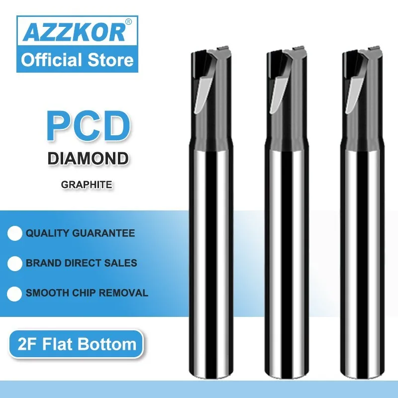 AZZKOR PCD 1/2F Graphite Flat Bottom Endmills Diamond High Beam Mirror Dedicated Milling Cutter CNC Mechanical Maching Tools