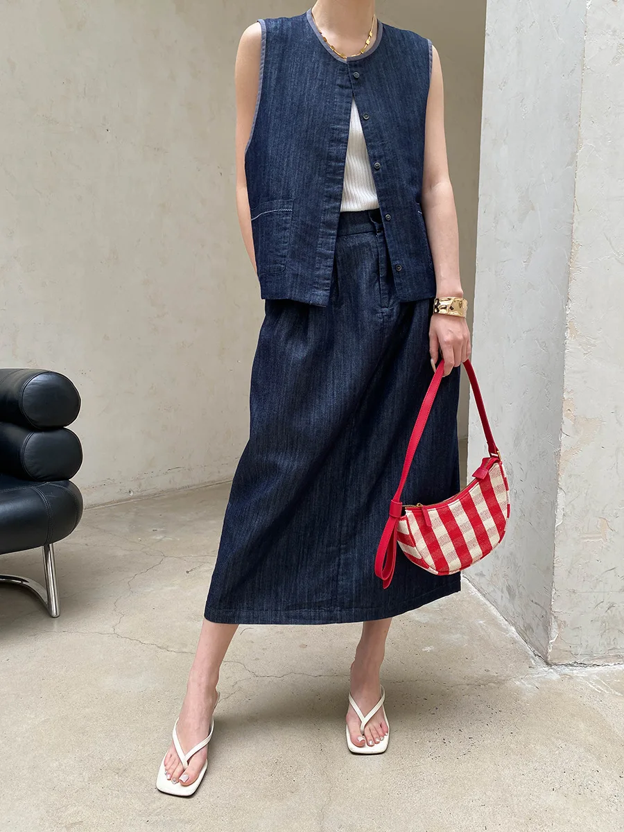 Summer women's solid color casual retro round neck denim vest semi elastic high waisted skirt set