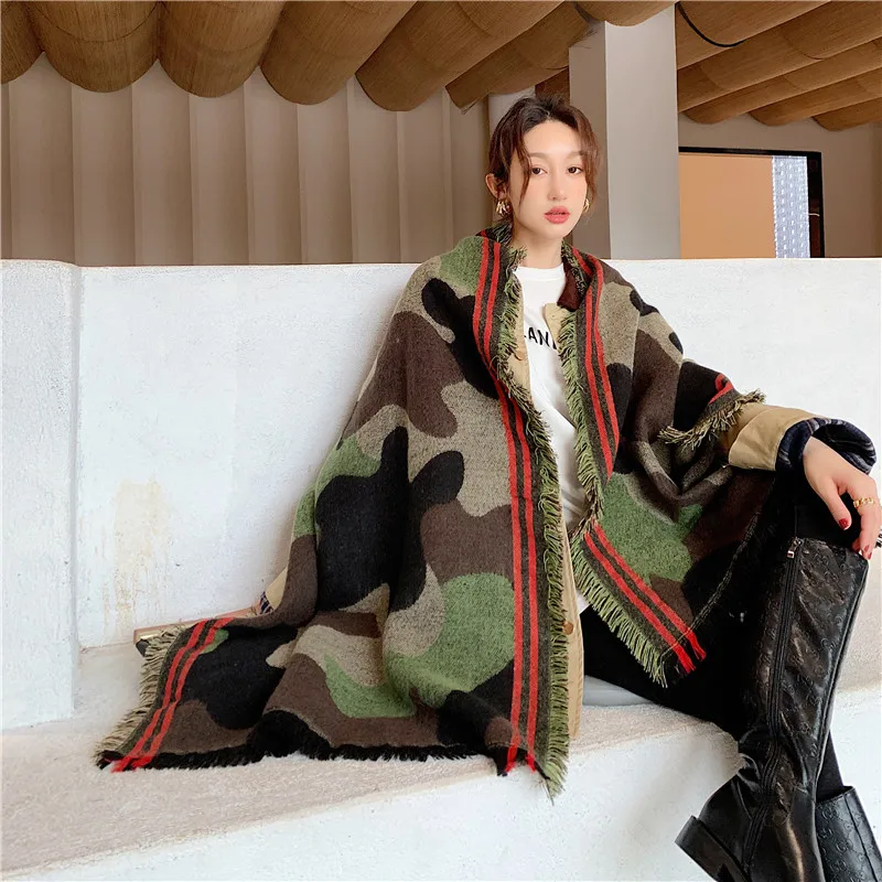 Luxury Camouflage Leopard Jacquard Acrylic Cashmere Scarf Shawl Unisex Winter Warm Neckerchief Long Big Travel Cape Wraps