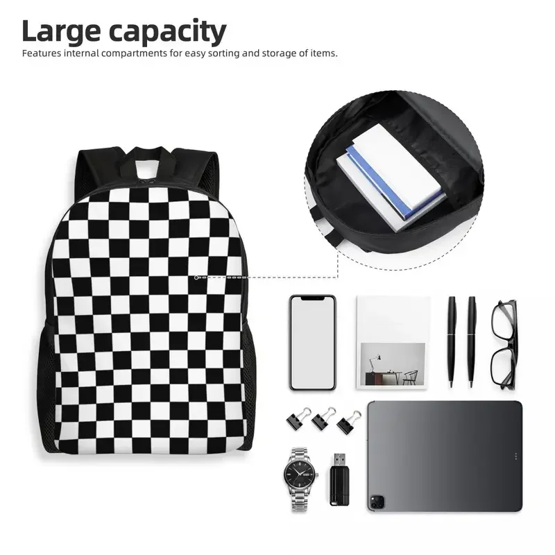 Customized Black And White Checkered Travel Backpack School Laptop Bookbag Geometric Checkerboard College Student Daypack Bags