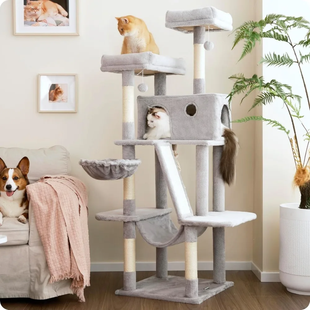 

Cat Tree, 61 inch Tall Cat Tower for Large Cat Indoor, Enlarged Condo, 2 Padded Perches with 1 Widened, Large Hammock, S