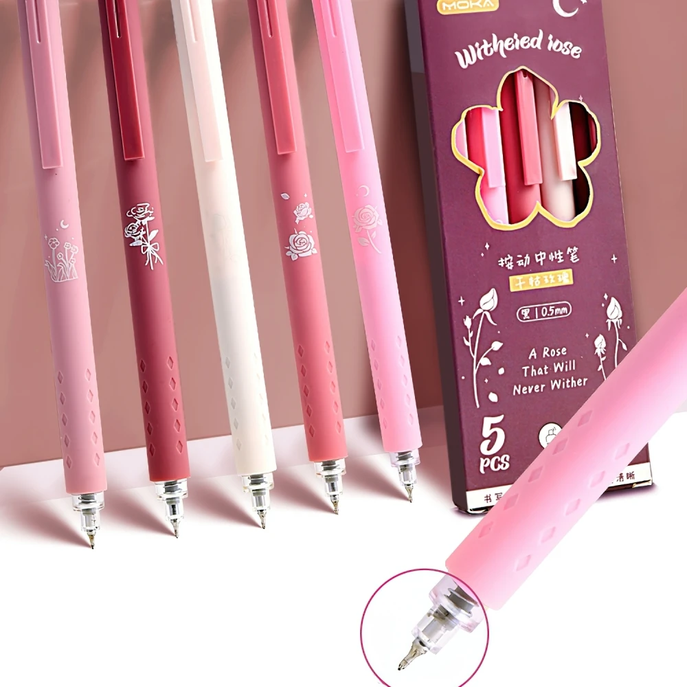 5pcs Gel Ink Pens Set Rose Flower Cheese Bear Moonlight Metaverse 0.5mm Ballpoint Black Color for Writing F7449