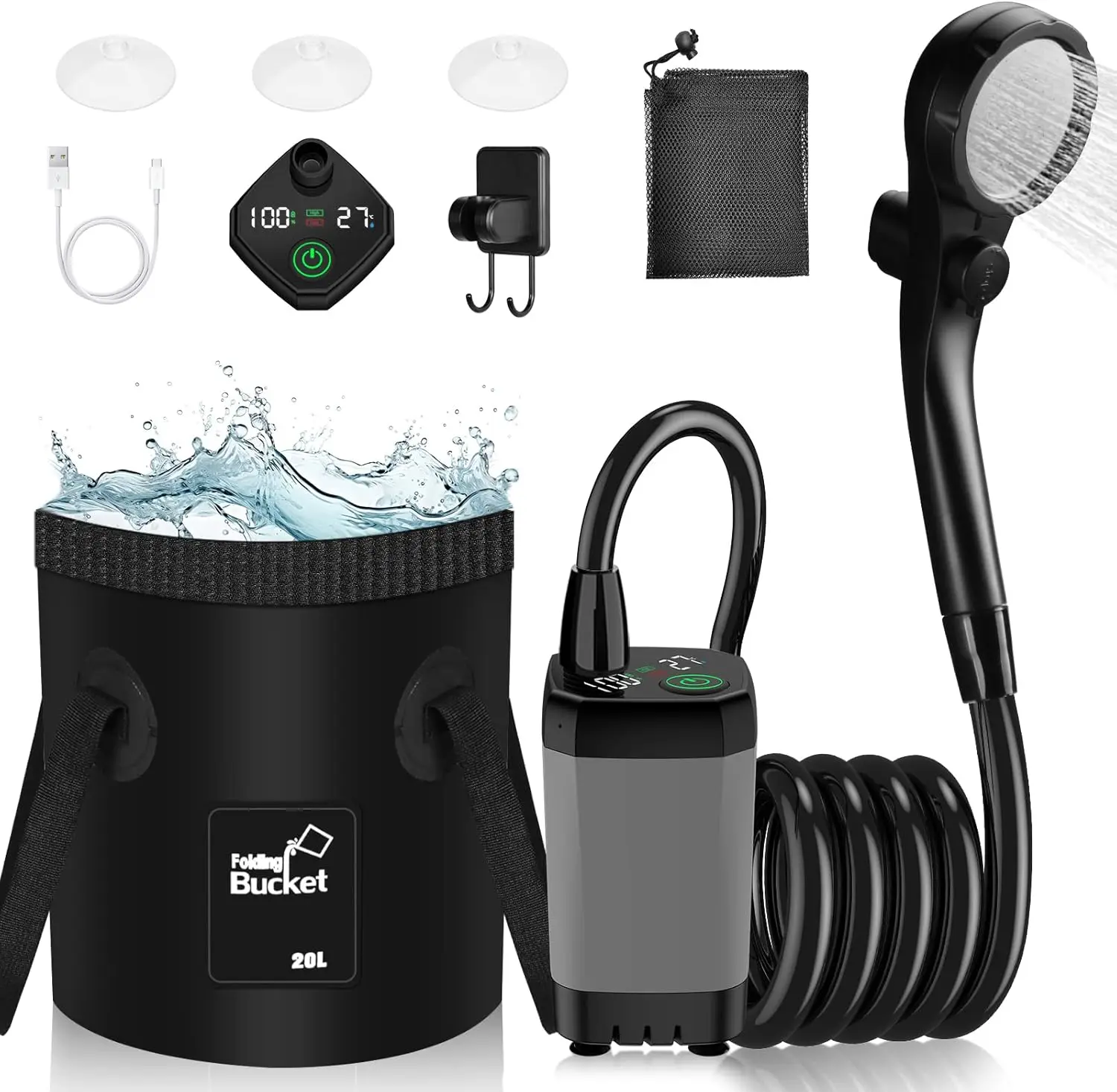 

STLF DZ WJW Advanced Portable Shower, Portable Shower for Camping with 5 Gallon Collapsible Bucket, 6000mAH Camping Shower with
