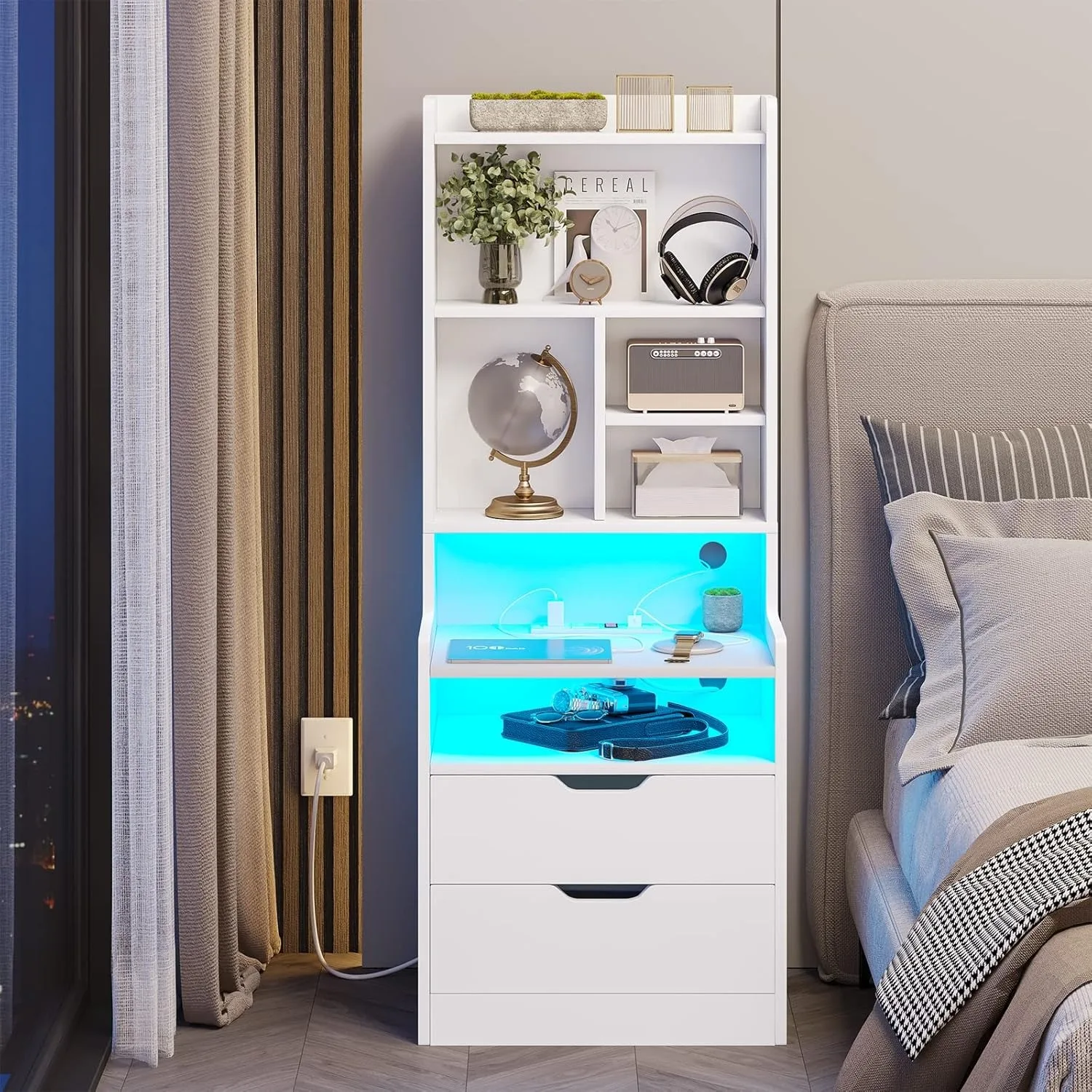 Tall Nightstand with Charging Station & LED Lights White LED Nightstand with Bookshelf, Bedside Table with Shelves and 2 Drawers