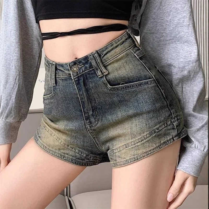 Americano vintage azul feminino denim shorts verão cintura alta angustiado jean shorts sexy picante meninas magro quadril cobrindo calças quentes
