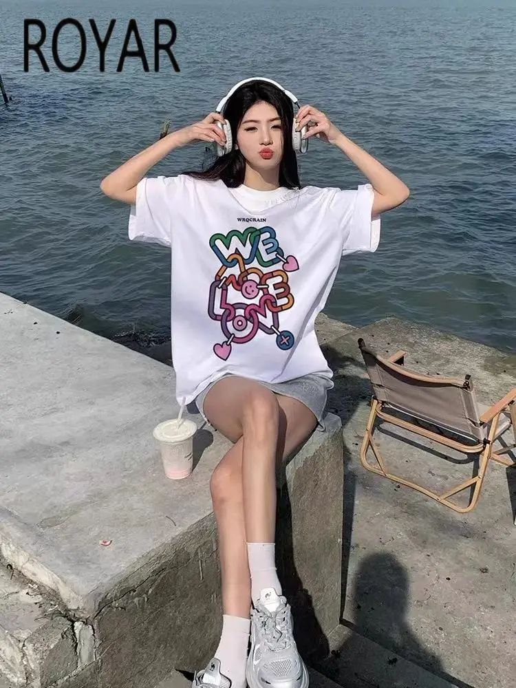 

Oversized ROYAR Printed Short-sleeved T-shirt Summer New Loose Ins Top Casual Pure Cotton Versatile Small Fresh Personality