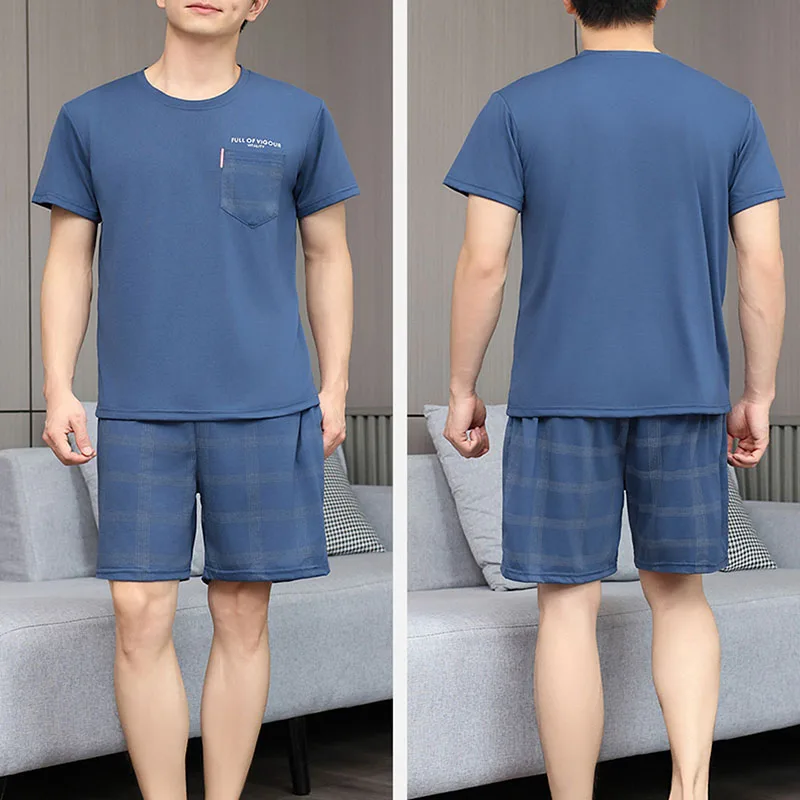 Men Pajamas Sleepwear O-Neck Striped Short Sleeve Shorts Loungewear Easy to Clean School Large Size 3xl Blue Pajamas 2PCS/Set