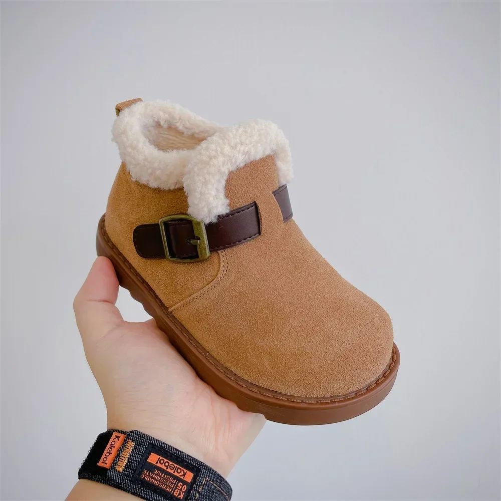 2024 winter new children's shoes boys' leather thick snow boots girls' fashionable warm cotton boots