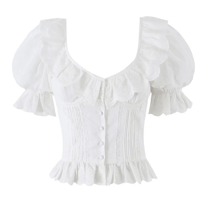 

Dave&Di Sweet Lace Collar Bubble Sleeves Hollowed Out Embroidery New Slim Fit Ruffle Edge Shirt Top For Women