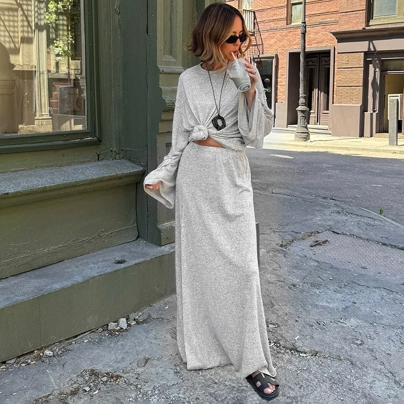 

Tuularose Grey Dress 2 Piece Set Casual Loose Long Sleeve T-Shirt Simple Basic Skirt Set New High Street Fashion Women Dress Set