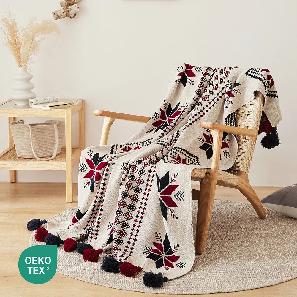 Bohemian Fringed Cotton Knit Throw Blanket 51x63