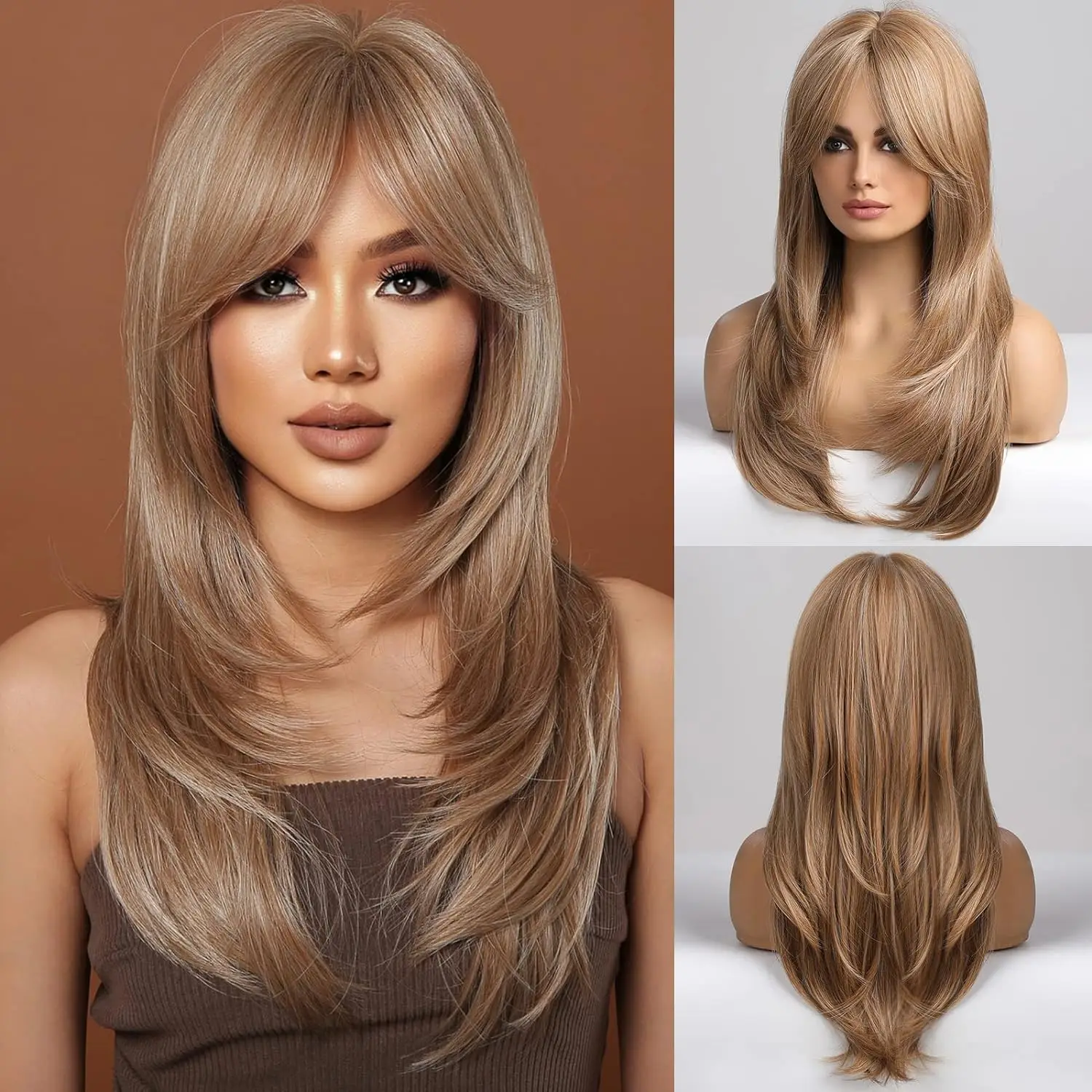 

LOUIS FERRE Long Blonde Layered Synthetic Wigs With Curtain Bangs Light Blonde Straight Wig Natural Women Wavy Hair Daily Party