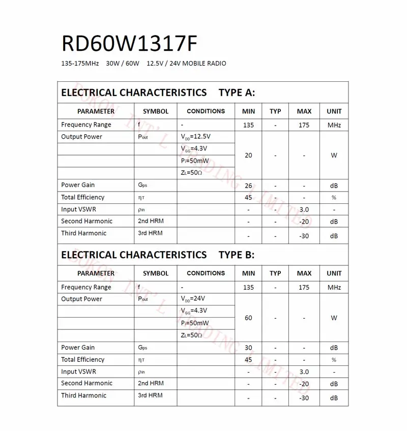 RD60W1317F 135-175MHz 30W / 60W 12.5V / 24V For MOBILE RADIO RF MOSFET Amplifier Module 135 to 175Mhz Cross Reference RA60H1317M