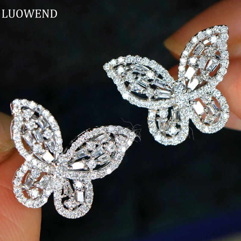 

LUOWEND 18K White Gold Earrings Romantic Butterfly Shape Real Natural Diamonds 0.88carat Stud Earring for Women Engagement Party