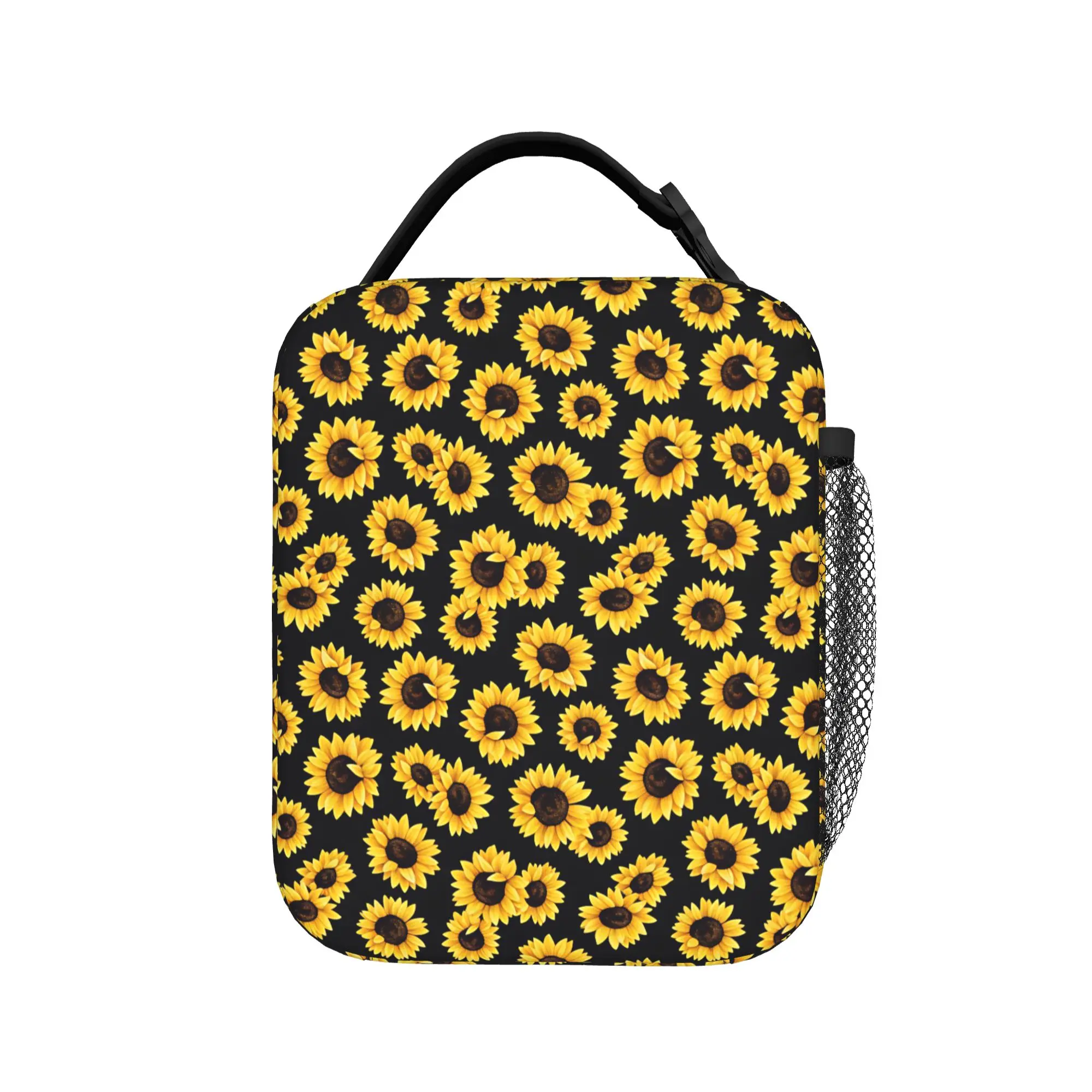 Sunflower Bloom Black Background Lunch Bag  Office Lunch Box For Women  Fun Print Tote Food Bags Waterproof Portable Cooler Bag