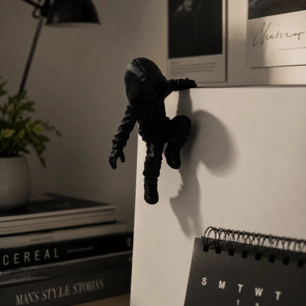 Novelty 3D Printed Climbing Ninja Statue Funny Hanging Decor Hooded Man Figure Creative Monitor Top Decor Bookshelf