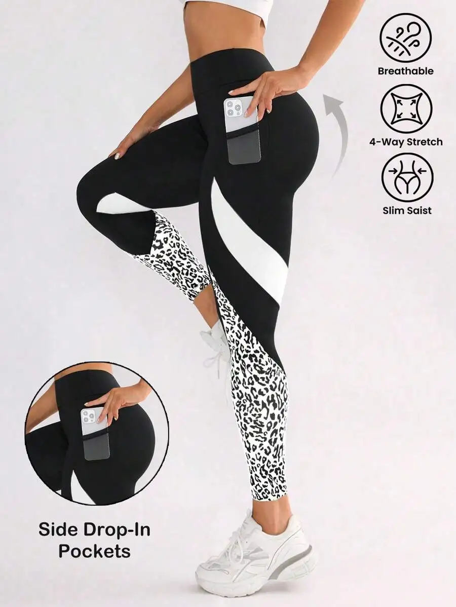 

Women Contrast Color Pocket Fitness Leggings Yoga Pants With Side Drop-In Pockets