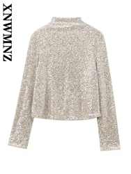 XNWMNZ 2024 New Autumn Woman's Casual Half high Collar Long Sleeve T-shirt Long Sleeve Top Female Hipster Sequins Ruffles Jumper