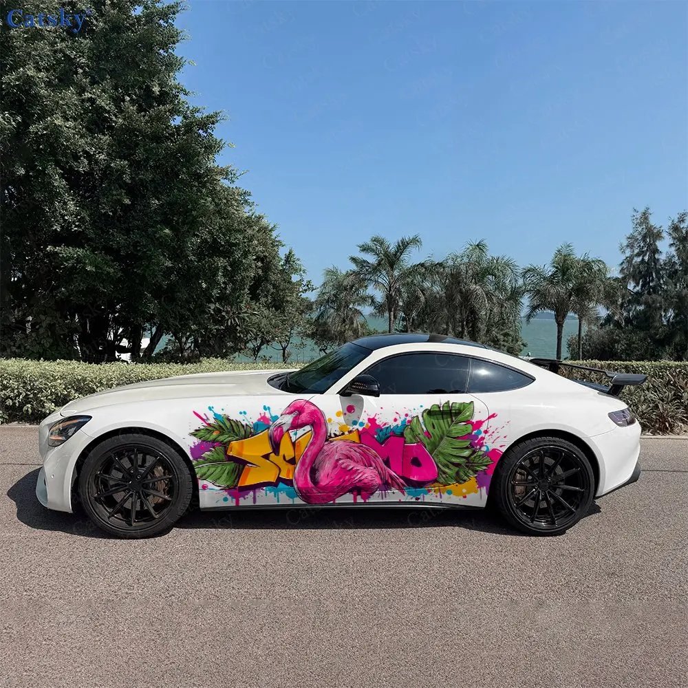 2 peças de Adesivo de Carro Flamingo Grafite, Decoração Floral para Carroceria Completa, Cobrindo Arranhões, Proteção para Carro, Adesivo Vinílico Impermeável para Carro