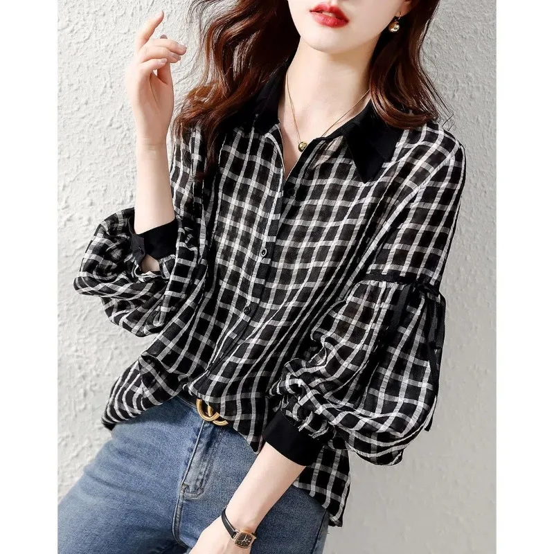 Camisas de manga larga de doble capa para mujer, Tops informales sencillos a cuadros para oficina, moda de retazos, combina con todo, primavera y otoño
